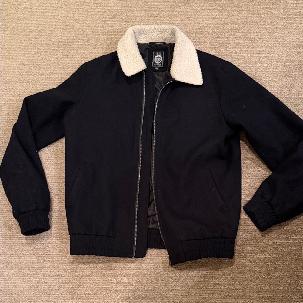 Men's Black Bomber Jacket with White Sherpa Collar; men’s size Large